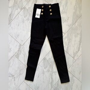 Zara High-Rise Black Sailor Pants with Gold Buttons